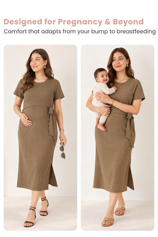 Signature Jacquard Rib Zipless Feeding Dress - Brown