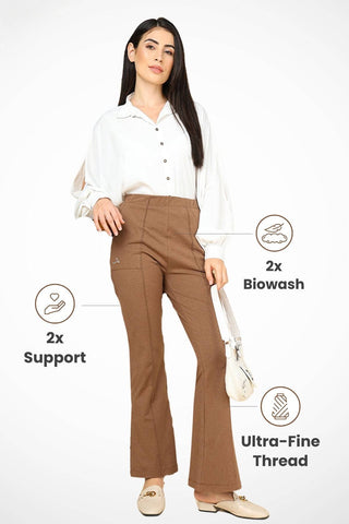 Pleated Cotton Melange Brown Maternity Pants (Pregnancy & Postpartum)