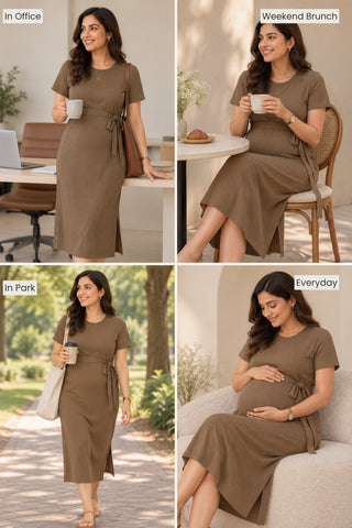 Signature Jacquard Rib Zipless Feeding Dress - Brown