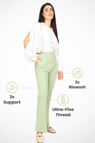 Pistachio Cotton Pants; two-way stretch fabric allows flexible movement and comfort.