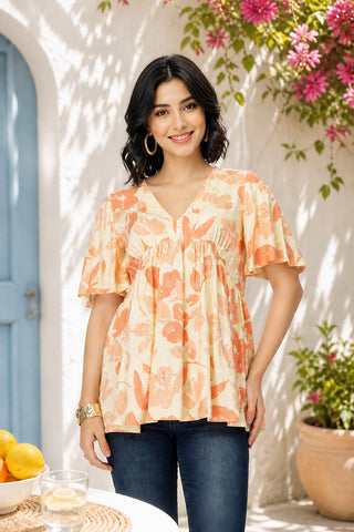Maternity Printed  Top with Zip Feeding - Orange