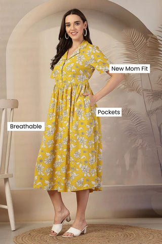 Yellow Floral Zipless Maternity Feeding Dress - House Of Zelena™