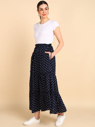 Midnight Blue Tiered Skirt; garment designed for wear throughout the entire pregnancy.