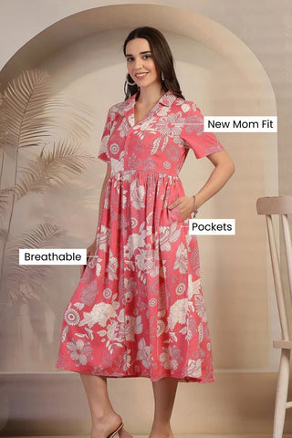 Pink Floral Zipless Maternity Feeding Dress - House Of Zelena™