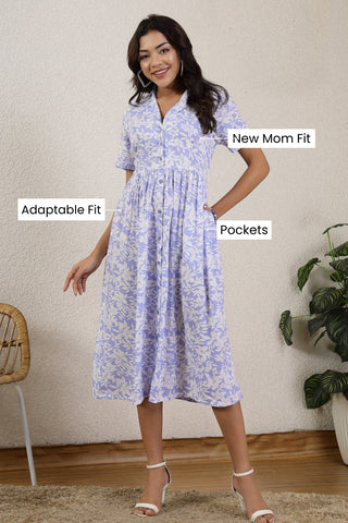 Blue All Over Printed Maternity Zipless Feeding Dress