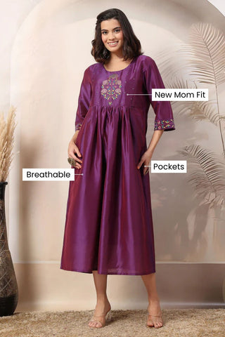 Mystic Violet Maternity Feeding Dress with Embroidered Yoke