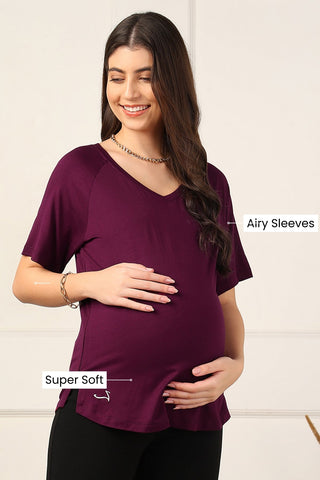 Burgundy Solid Nursing Top with Side Zip Access