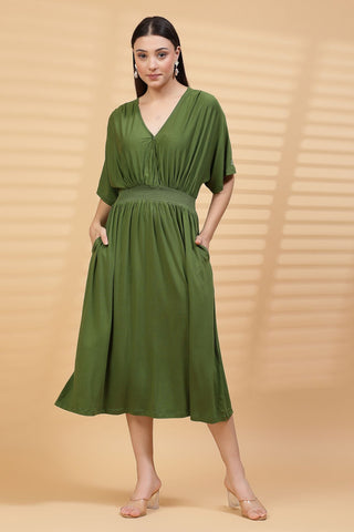 Green Solid Smocked Waist Zipless Feeding Dress