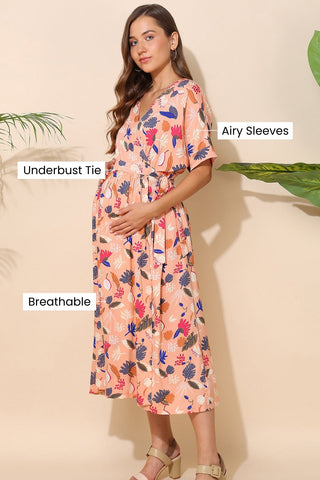 Peach All Over Printed Zipless Maternity Wrap Dress