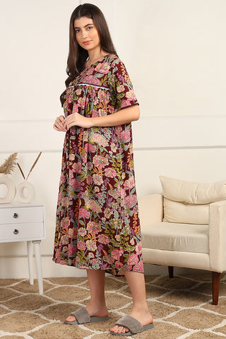 Maroon Floral Printed 100% Soft Cotton Zipless Maternity Maxi