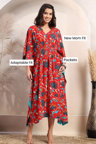 Red Scarlet Blossom Zipless Feeding Maternity Kaftan