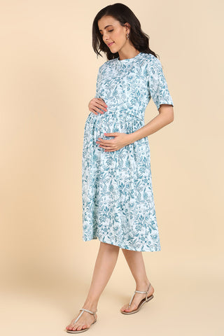 Light Cyan Floral Printed Maternity Zipless Feeding Dress