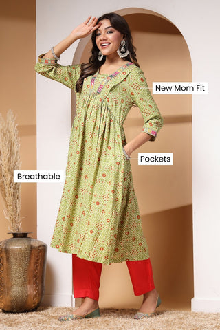 Verdant Vigor Maternity Kurta Set With Contrast Dupatta