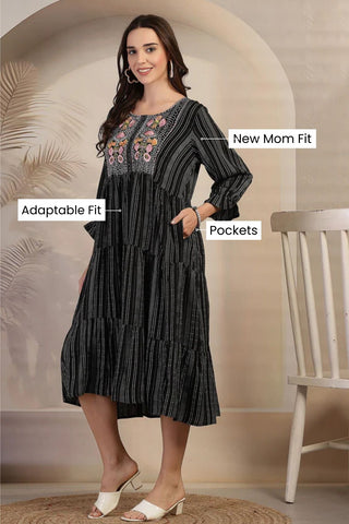 Midnight Stripe Zipless Maternity Feeding Dress