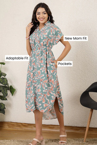 Pastel Green All Over Printed Zipless Maternity Feeding Dress