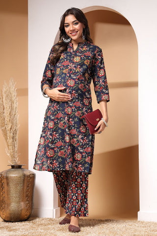 Midnight Bloom Maternity and Zipless Feeding Kurta Set