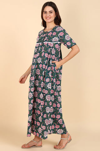 Green Floral Printed 100% Soft Cotton Zipless Maternity Maxi