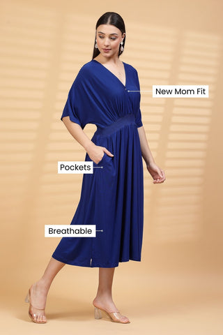 Blue Solid Smocked Waist Zipless Feeding Dress