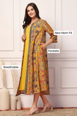 Mustard Majesty Foil Printed Maternity Shrug Dress