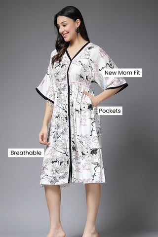 White All Over Printed 100% Rayon Zipless Maternity Dress