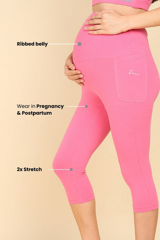 Ribbed Cotton Pink Maternity Capri (Pregnancy & Postpartum)