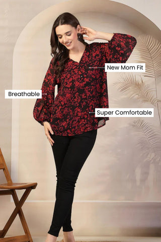 Burgundy Burst Maternity Zipless Feeding Top