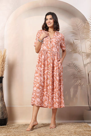 Peach Glow Maternity Zipless Feeding Dress