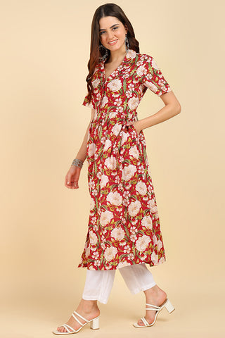 Red Floral Printed Zipless Feeding Kurti