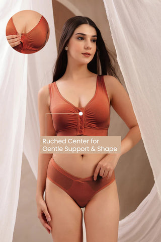 Rust Feeding Bra; wire-free construction adapts to body position changes.