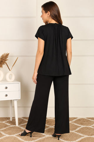 Zipless Front-Pleated Top & Maternity Pajama Set in Black, back view: relaxed top with straight wide-leg pajama, front pleat