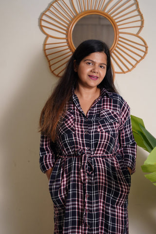 Studio Shot of Navy Blue 100% Viscose Rayon Check Shirt Zipless Feeding Dress showing Rayon Design Quality