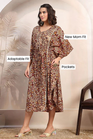 Maroon Enchanting Floral Zipless Feeding Maternity Kaftan