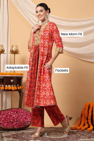 Crimson Red Patola Grace Festive Maternity Feeding Suit Set - House Of Zelena™