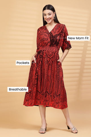 Red Paisley Print Maternity Feeding Dress