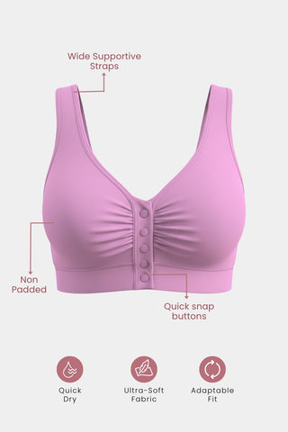 Model wearing Onion Bra; ruched center gore design ensures natural bust separation.