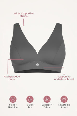 Model wearing Steel Grey Padded Bra; wire-free construction offers natural lift and support.