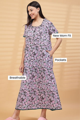 Pure Cotton Floral Printed Maternity Feeding Nighty