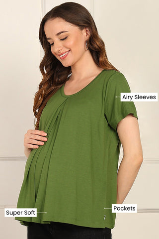 Green Front & Back Pleated Zipless Nursing Top