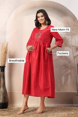 Scarlet Blossom Maternity Feeding Dress with Embroidered Yoke