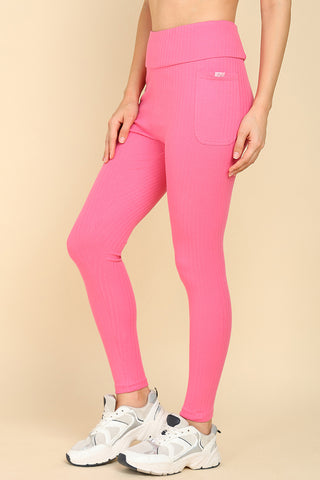 All Over Ribbed Cotton Pink Mom Legging