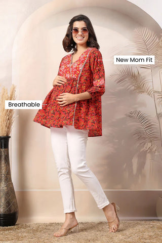 Rust Red Floral Printed Maternity Feeding top with Gold Embroidery