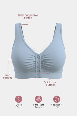 Model wearing M-Blue Bra; V-neck style works under low-cut tops.