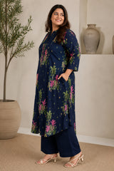 Zipless Feeding Cotton Maternity Kurta-Pant Set - Navy Blue