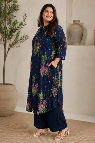 Zipless Feeding Cotton Maternity Kurta-Pant Set - Navy Blue