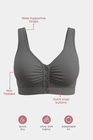 Model wearing Ash Bra; front-open design provides an enhanced chest line.