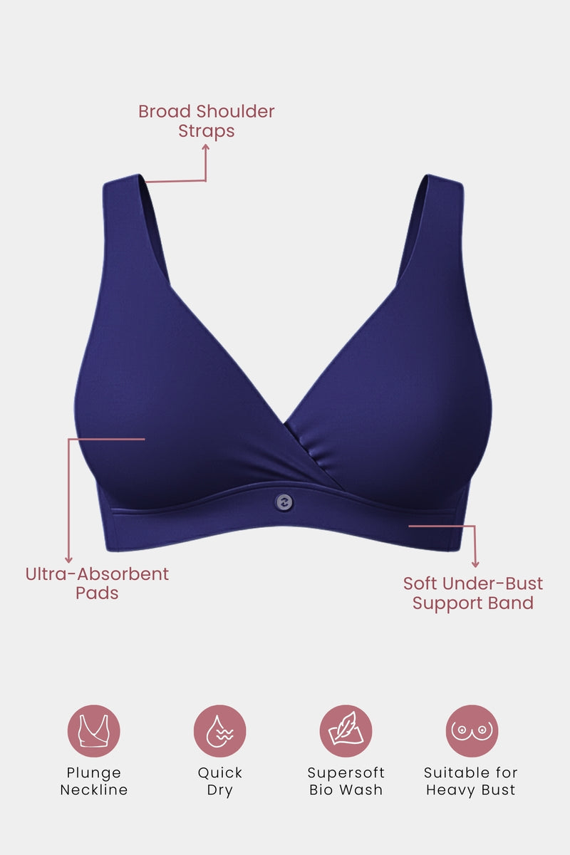 Model wearing Navy Padded Bra; pads ensure full coverage and prevent nipple show.