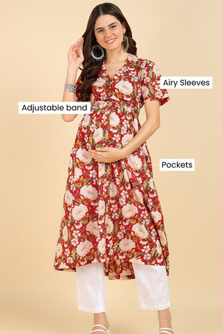 Red Floral Printed Zipless Feeding Kurti