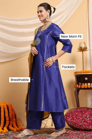 Majestic Blue Golden Splendor Maternity Feeding Kurta Set