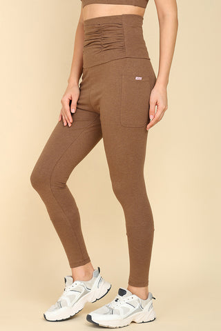 Ruched Cotton Melange Brown Maternity Legging (Pregnancy & Postpartum)