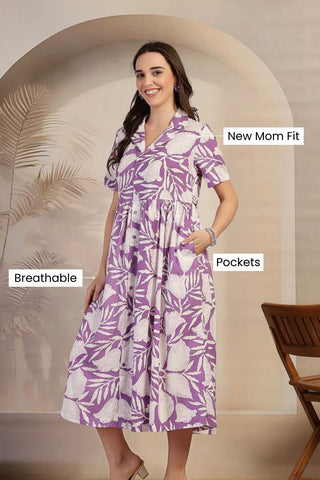Lavender Bloom Print Zipless Maternity Feeding Dress - House Of Zelena™